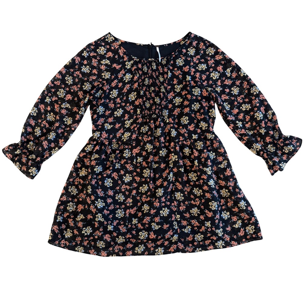 Free People Floral Smocked Babydoll Mini Dress Black Ditsy Print Size 6